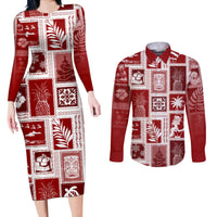 Hawaii Christmas Retro Patchwork Couples Matching Long Sleeve Bodycon Dress and Long Sleeve Button Shirt Red LT7 Red - Polynesian Pride