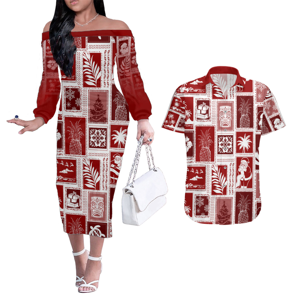 Hawaii Christmas Retro Patchwork Couples Matching Off The Shoulder Long Sleeve Dress and Hawaiian Shirt Red LT7 Red - Polynesian Pride