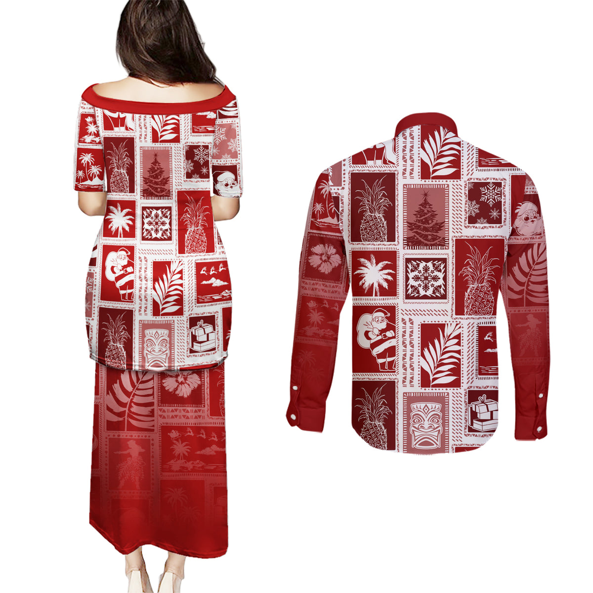 Hawaii Christmas Retro Patchwork Couples Matching Puletasi Dress and Long Sleeve Button Shirt Red LT7 - Polynesian Pride