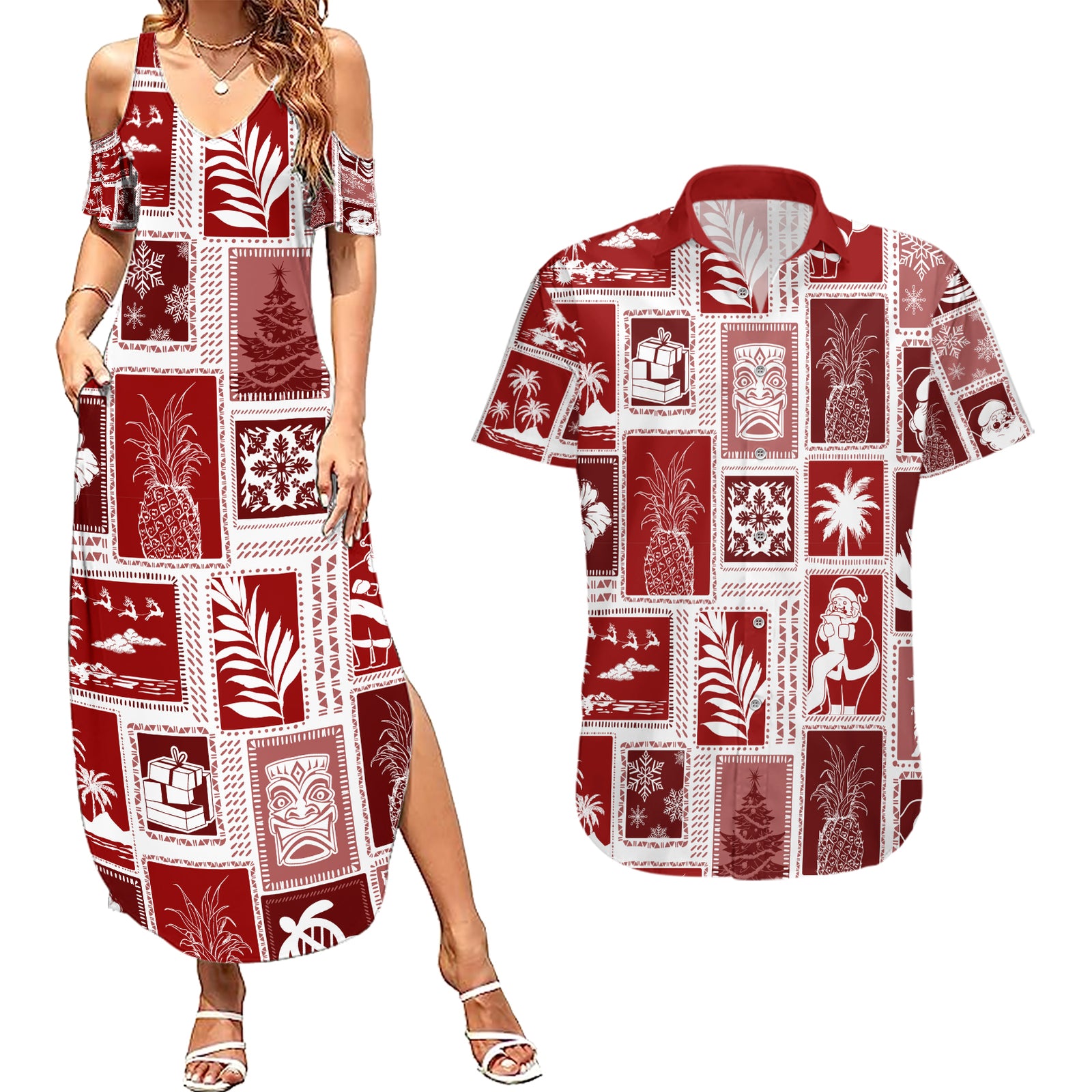 Hawaii Christmas Retro Patchwork Couples Matching Summer Maxi Dress and Hawaiian Shirt Red LT7 Red - Polynesian Pride
