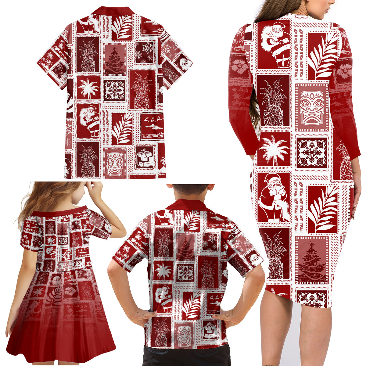 Hawaii Christmas Retro Patchwork Family Matching Long Sleeve Bodycon Dress and Hawaiian Shirt Red LT7 - Polynesian Pride