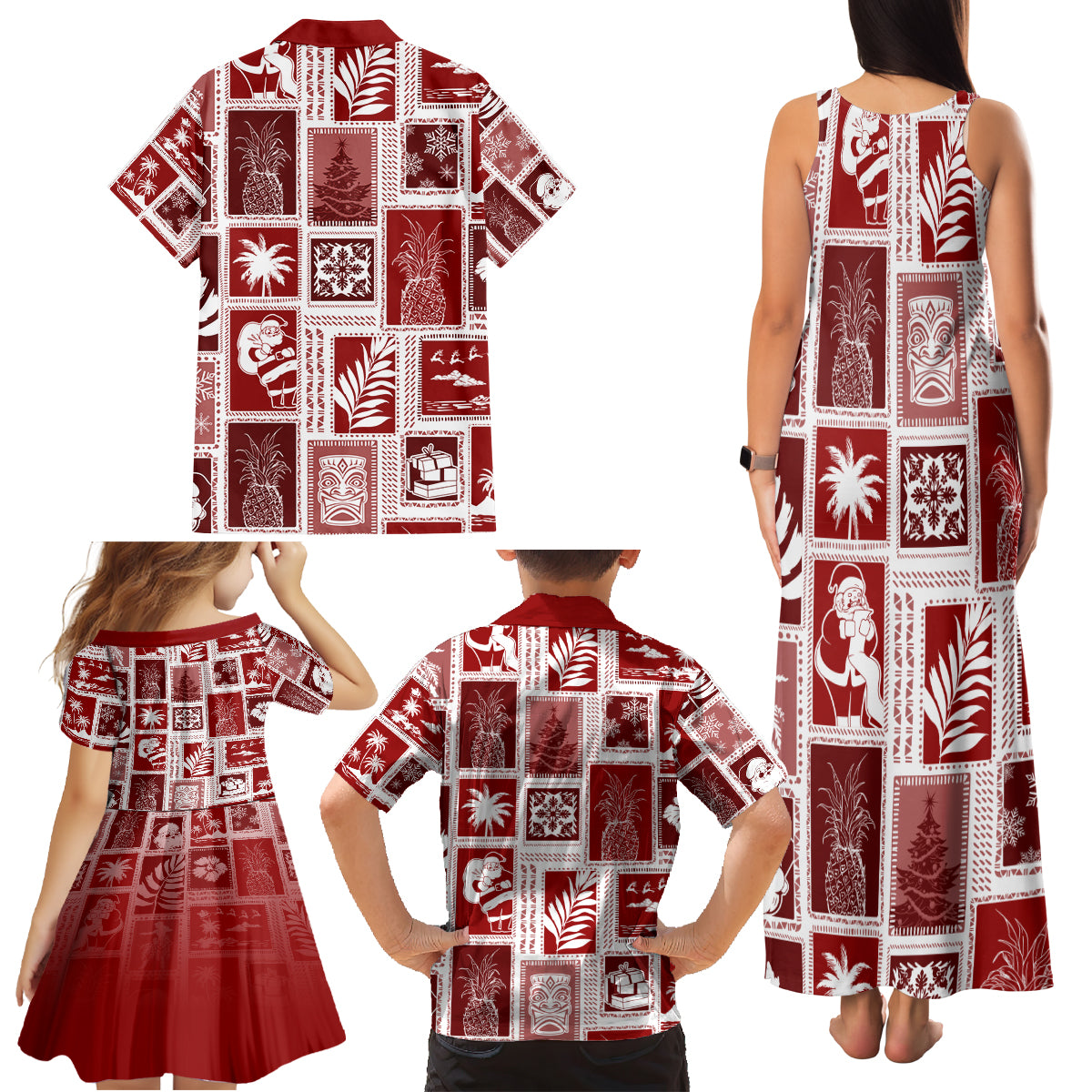 Hawaii Christmas Retro Patchwork Family Matching Tank Maxi Dress and Hawaiian Shirt Red LT7 - Polynesian Pride