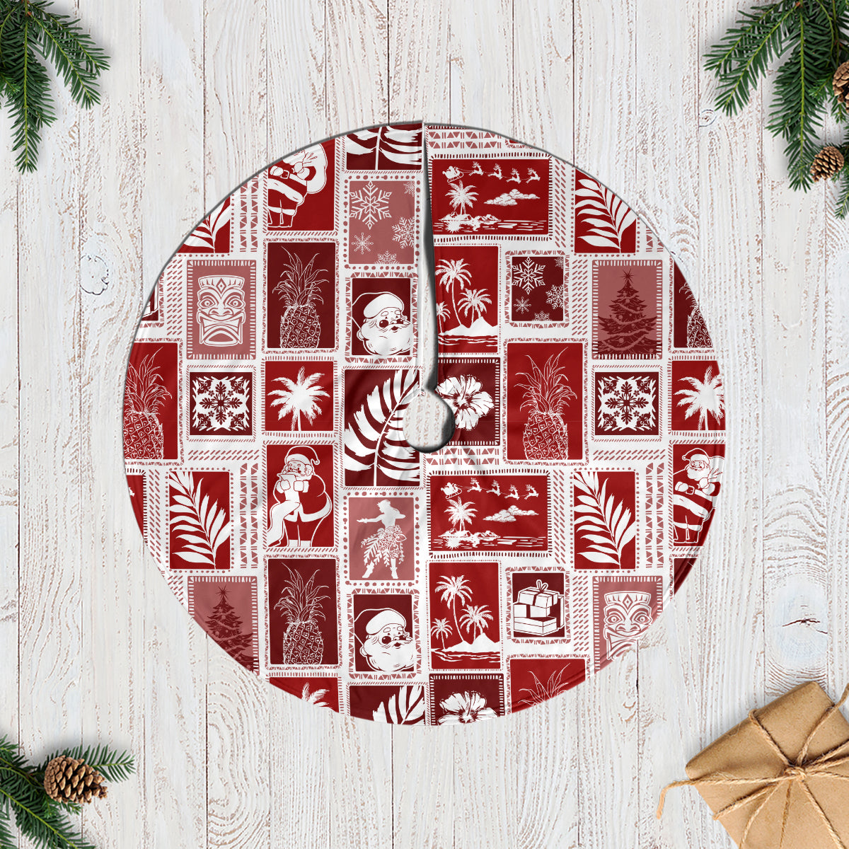 Hawaii Christmas Tree Skirt Retro Patchwork - Red LT7 Casual Tree Skirts Red - Polynesian Pride