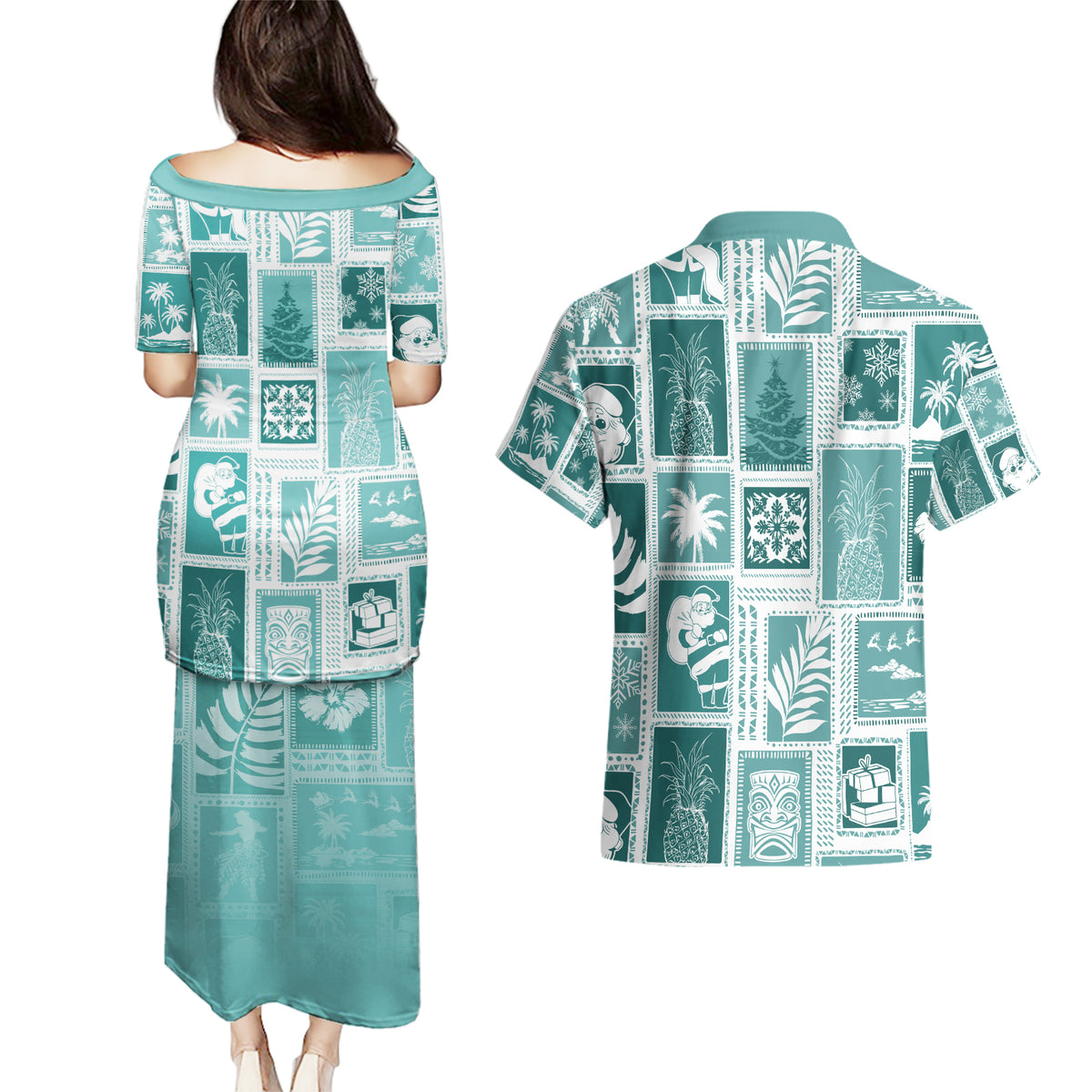 Hawaii Christmas Retro Patchwork Couples Matching Puletasi Dress and Hawaiian Shirt Teal LT7 - Polynesian Pride