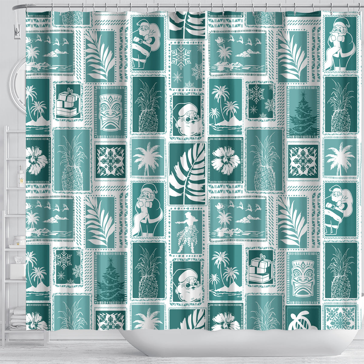 Hawaii Christmas Retro Patchwork Shower Curtain Teal LT7 - Polynesian Pride
