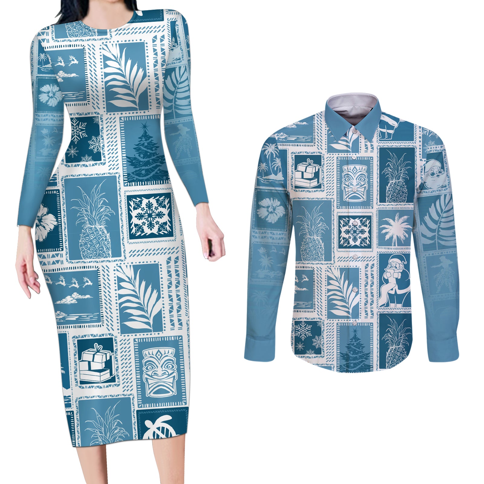 Hawaii Christmas Retro Patchwork Couples Matching Long Sleeve Bodycon Dress and Long Sleeve Button Shirt Aquamarine LT7 Aquamarine - Polynesian Pride