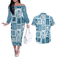 Hawaii Christmas Retro Patchwork Couples Matching Off The Shoulder Long Sleeve Dress and Hawaiian Shirt Aquamarine LT7 Aquamarine - Polynesian Pride