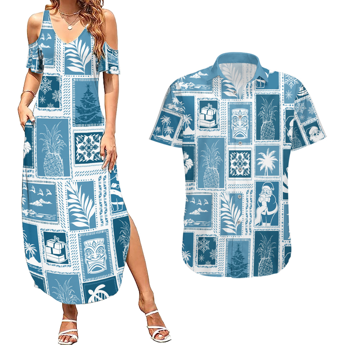 Hawaii Christmas Retro Patchwork Couples Matching Summer Maxi Dress and Hawaiian Shirt Aquamarine LT7 Aquamarine - Polynesian Pride