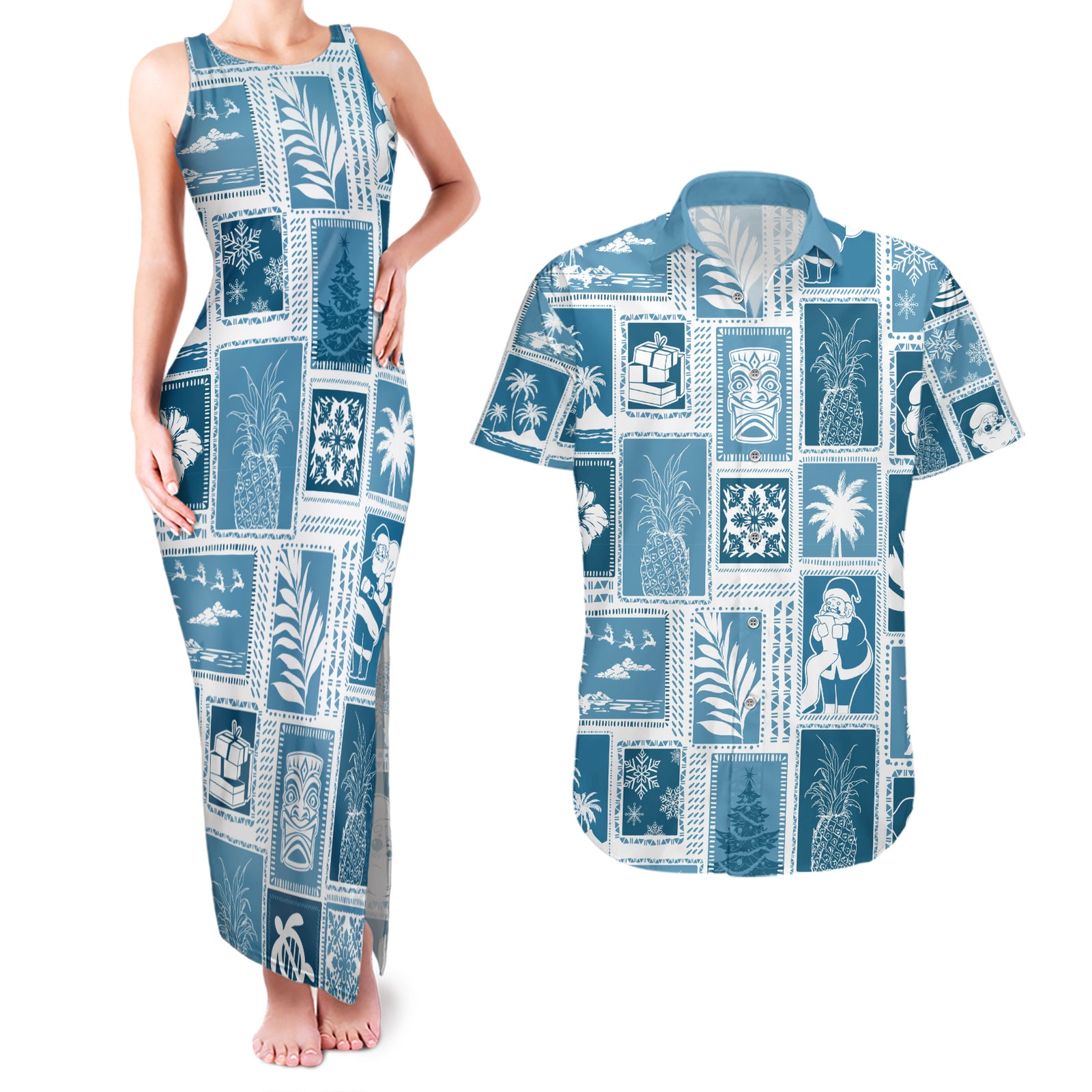 Hawaii Christmas Retro Patchwork Couples Matching Tank Maxi Dress and Hawaiian Shirt Aquamarine LT7 Aquamarine - Polynesian Pride