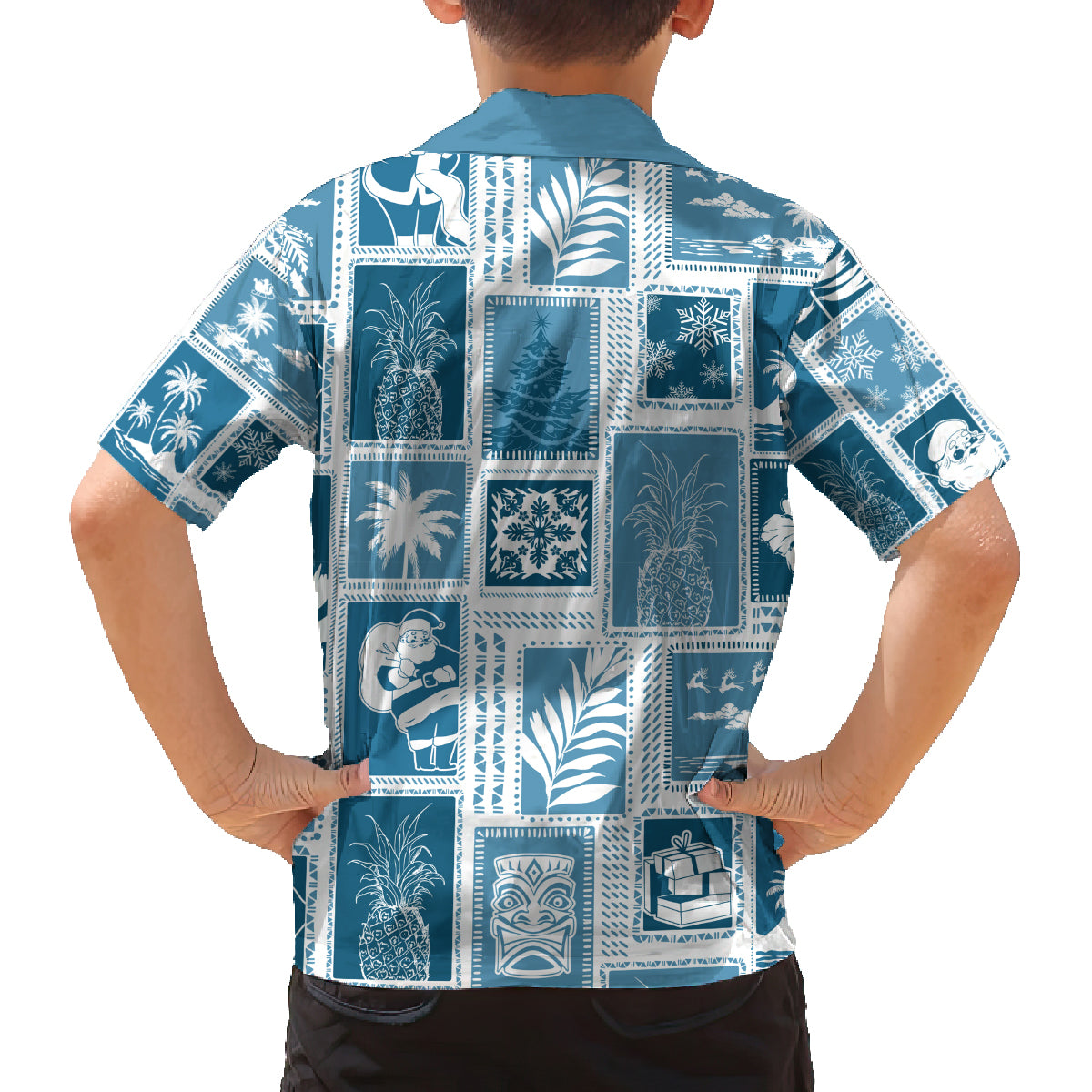 Hawaii Christmas Retro Patchwork Family Matching Off Shoulder Long Sleeve Dress and Hawaiian Shirt Aquamarine LT7 - Polynesian Pride