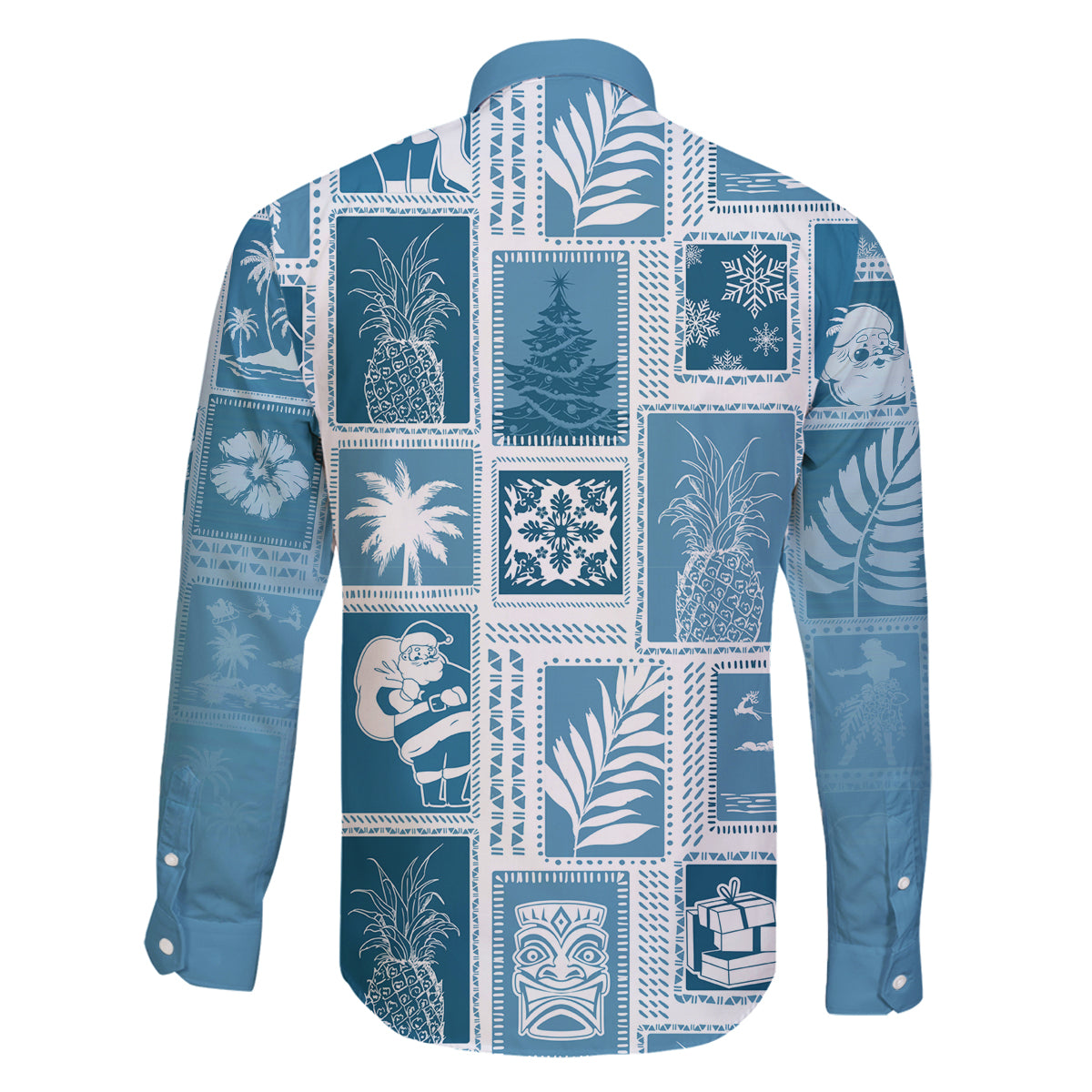 Hawaii Christmas Retro Patchwork Family Matching Off Shoulder Long Sleeve Dress and Hawaiian Shirt Aquamarine LT7 - Polynesian Pride