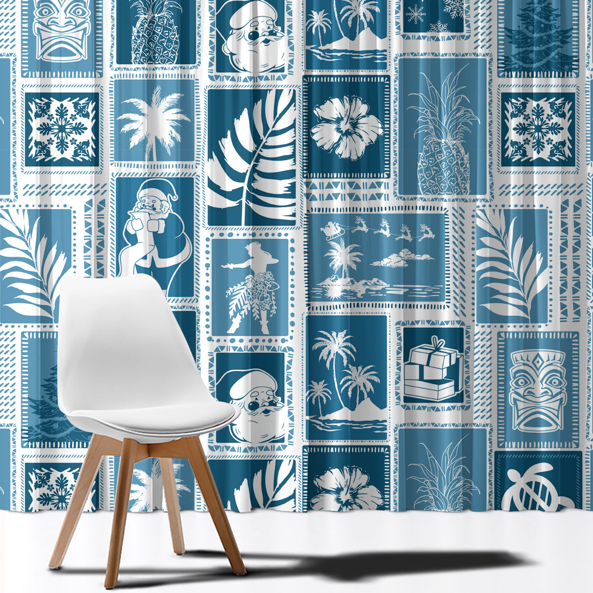 Hawaii Christmas Retro Patchwork Window Curtain Aquamarine LT7 - Polynesian Pride