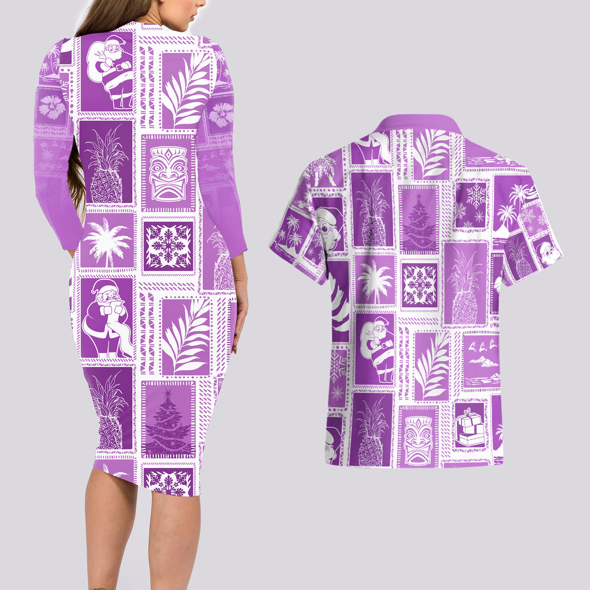 Hawaii Christmas Retro Patchwork Couples Matching Long Sleeve Bodycon Dress and Hawaiian Shirt Violet LT7 - Polynesian Pride