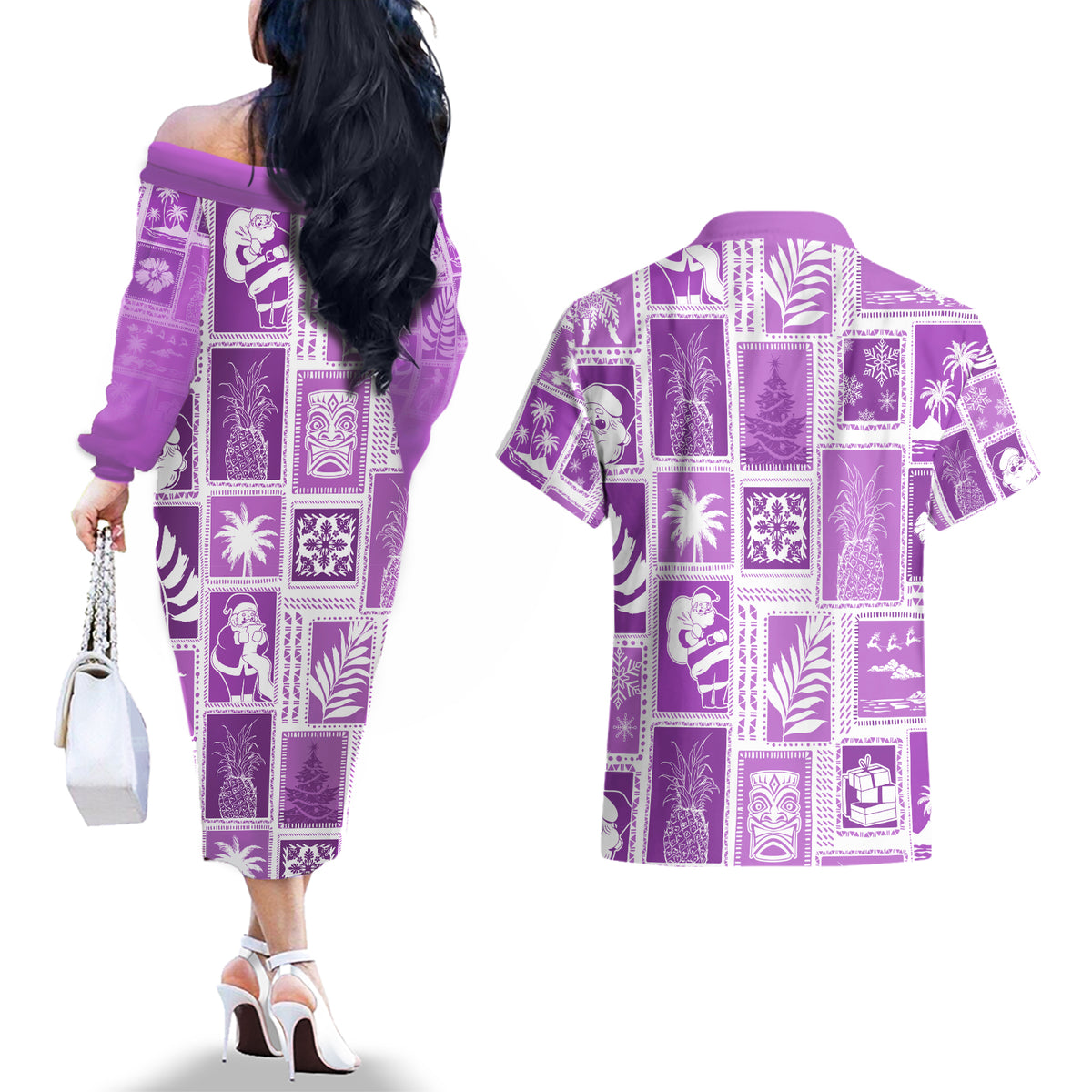 Hawaii Christmas Retro Patchwork Couples Matching Off The Shoulder Long Sleeve Dress and Hawaiian Shirt Violet LT7 - Polynesian Pride