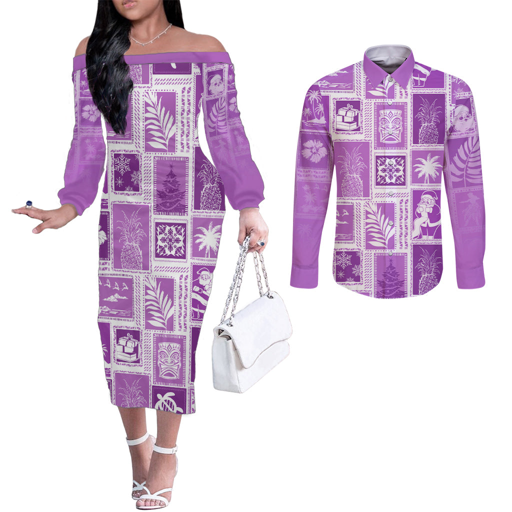Hawaii Christmas Retro Patchwork Couples Matching Off The Shoulder Long Sleeve Dress and Long Sleeve Button Shirt Violet LT7 Violet - Polynesian Pride