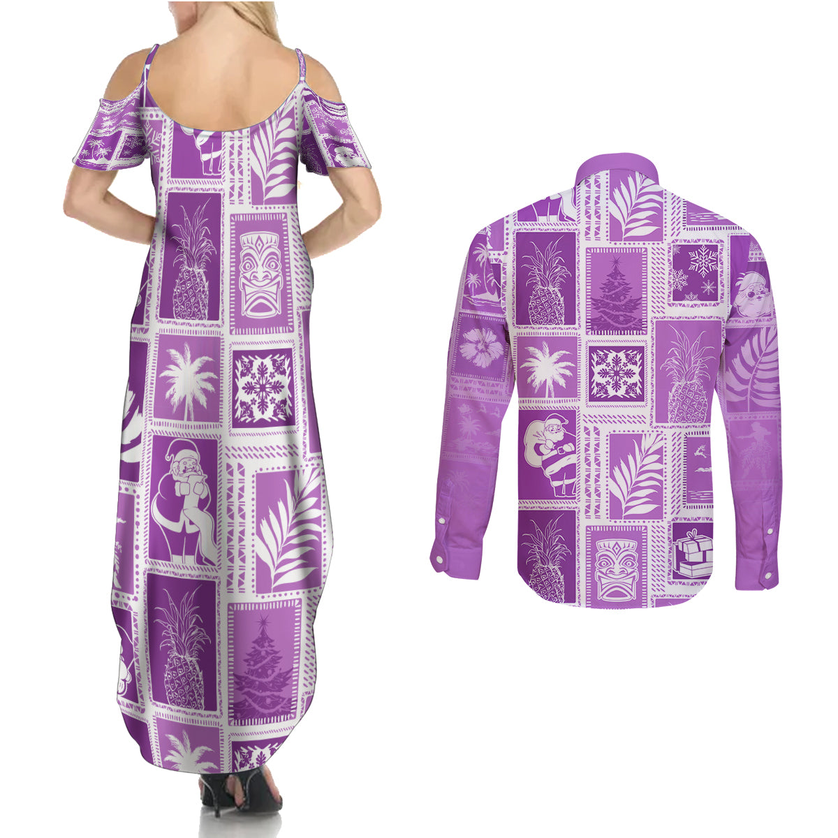 Hawaii Christmas Retro Patchwork Couples Matching Summer Maxi Dress and Long Sleeve Button Shirt Violet LT7 - Polynesian Pride
