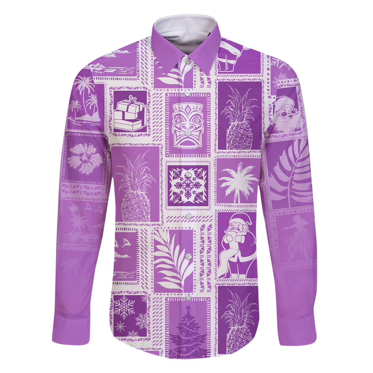 Hawaii Christmas Retro Patchwork Family Matching Long Sleeve Bodycon Dress and Hawaiian Shirt Violet LT7 Dad's Shirt - Long Sleeve Violet - Polynesian Pride