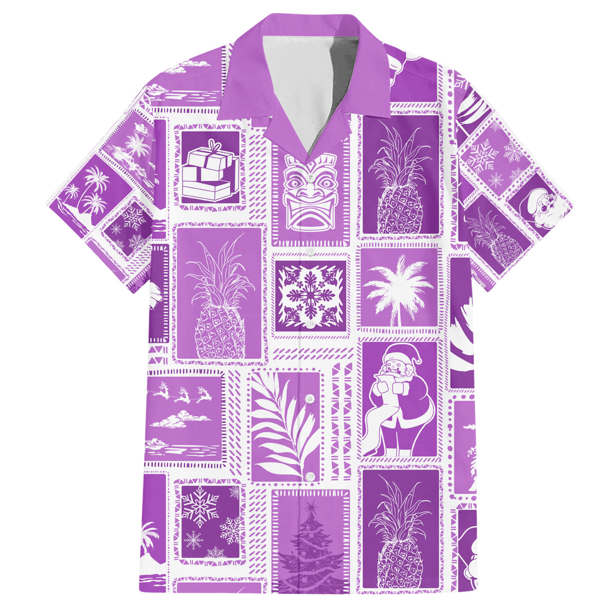 Hawaii Christmas Retro Patchwork Family Matching Short Sleeve Bodycon Dress and Hawaiian Shirt Violet LT7 Dad's Shirt - Short Sleeve Violet - Polynesian Pride