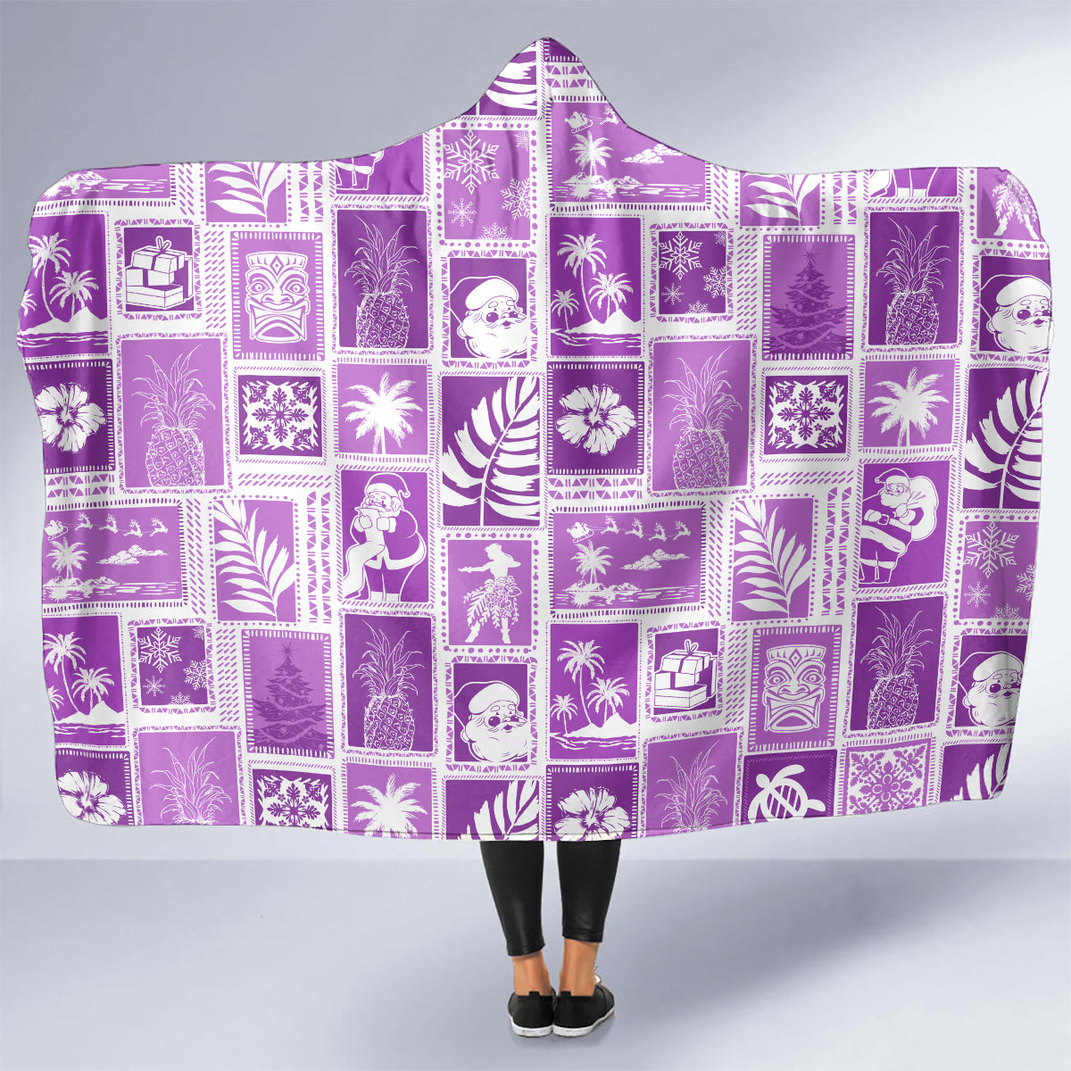 Hawaii Christmas Retro Patchwork Hooded Blanket Violet LT7 - Polynesian Pride