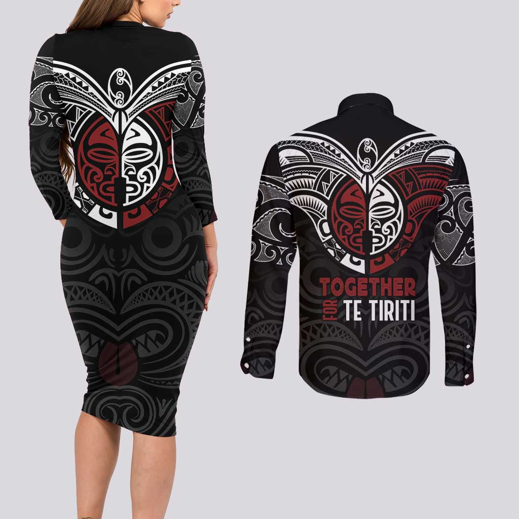 Maori Hongi Toitu Te Tiriti Couples Matching Long Sleeve Bodycon Dress and Long Sleeve Button Shirt Tangata Tiriti Stand With Tangata Whenua LT7 - Polynesian Pride