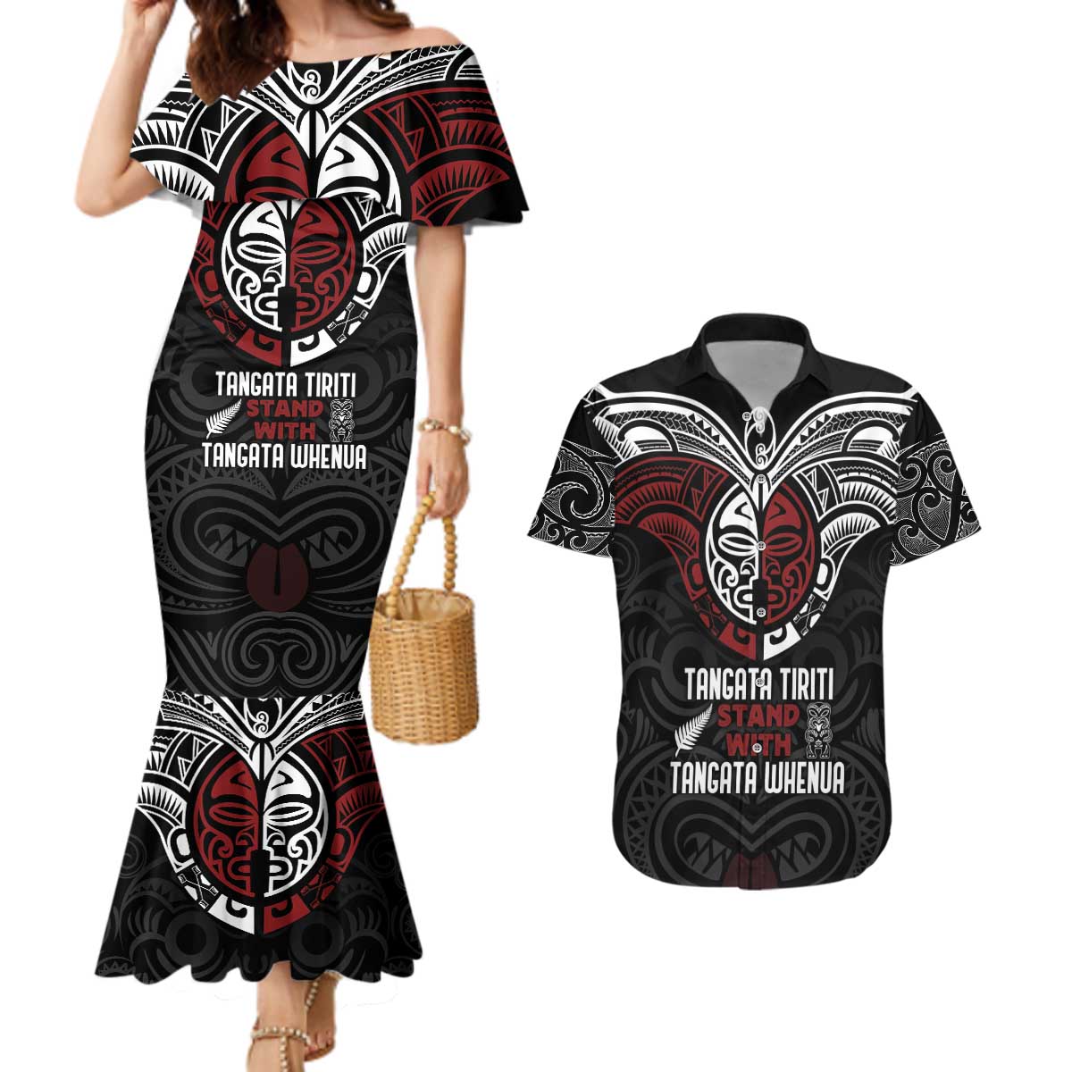 Maori Hongi Toitu Te Tiriti Couples Matching Mermaid Dress and Hawaiian Shirt Tangata Tiriti Stand With Tangata Whenua LT7 Black - Polynesian Pride