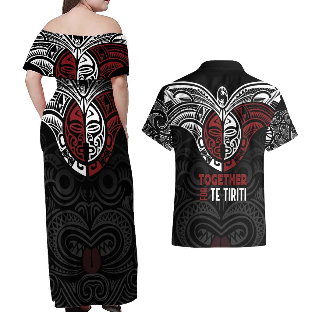 Maori Hongi Toitu Te Tiriti Couples Matching Off Shoulder Maxi Dress and Hawaiian Shirt Tangata Tiriti Stand With Tangata Whenua LT7 - Polynesian Pride