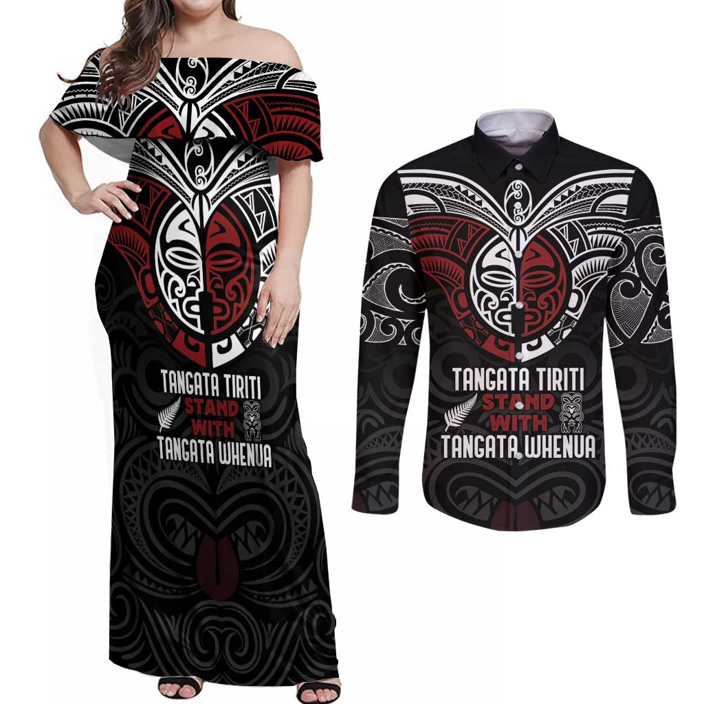 Maori Hongi Toitu Te Tiriti Couples Matching Off Shoulder Maxi Dress and Long Sleeve Button Shirt Tangata Tiriti Stand With Tangata Whenua LT7 Black - Polynesian Pride
