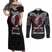 Maori Hongi Toitu Te Tiriti Couples Matching Off Shoulder Maxi Dress and Long Sleeve Button Shirt Tangata Tiriti Stand With Tangata Whenua LT7 Black - Polynesian Pride
