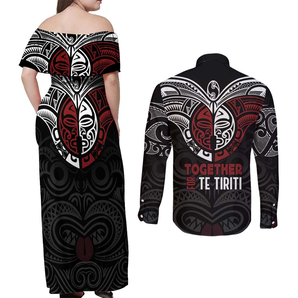 Maori Hongi Toitu Te Tiriti Couples Matching Off Shoulder Maxi Dress and Long Sleeve Button Shirt Tangata Tiriti Stand With Tangata Whenua LT7 - Polynesian Pride