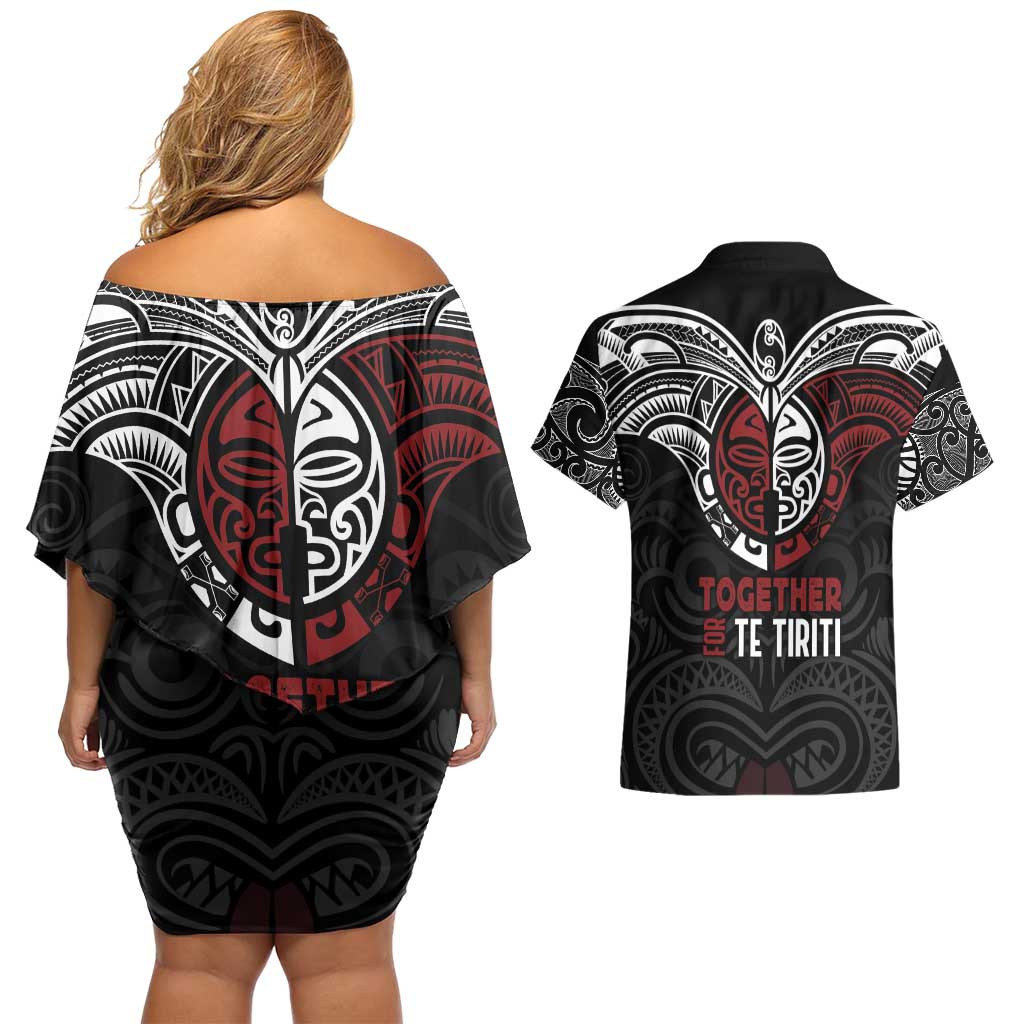 Maori Hongi Toitu Te Tiriti Couples Matching Off Shoulder Short Dress and Hawaiian Shirt Tangata Tiriti Stand With Tangata Whenua LT7 - Polynesian Pride