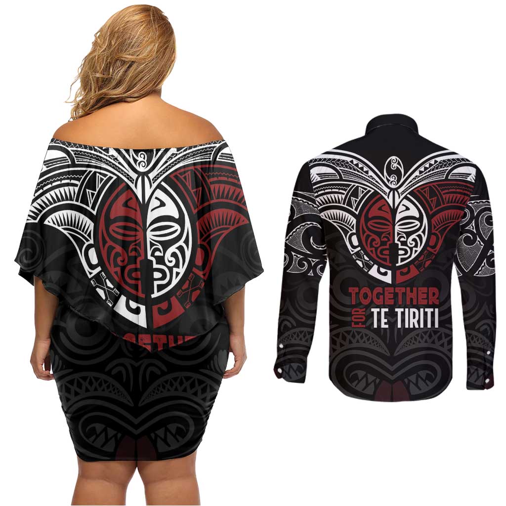 Maori Hongi Toitu Te Tiriti Couples Matching Off Shoulder Short Dress and Long Sleeve Button Shirt Tangata Tiriti Stand With Tangata Whenua LT7 - Polynesian Pride