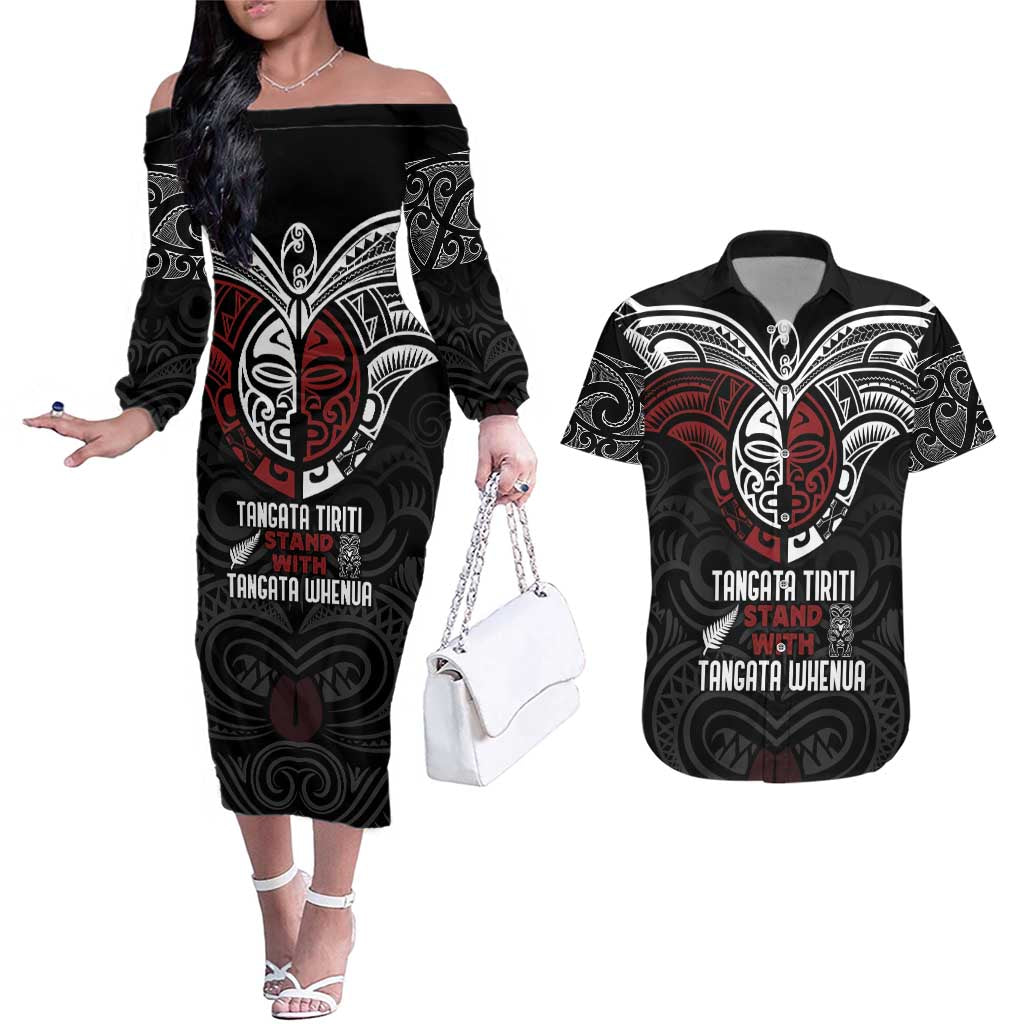Maori Hongi Toitu Te Tiriti Couples Matching Off The Shoulder Long Sleeve Dress and Hawaiian Shirt Tangata Tiriti Stand With Tangata Whenua LT7 Black - Polynesian Pride