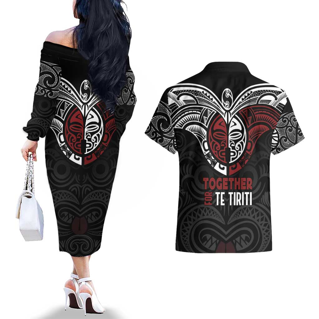 Maori Hongi Toitu Te Tiriti Couples Matching Off The Shoulder Long Sleeve Dress and Hawaiian Shirt Tangata Tiriti Stand With Tangata Whenua LT7 - Polynesian Pride