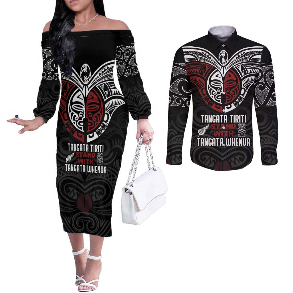 Maori Hongi Toitu Te Tiriti Couples Matching Off The Shoulder Long Sleeve Dress and Long Sleeve Button Shirt Tangata Tiriti Stand With Tangata Whenua LT7 Black - Polynesian Pride