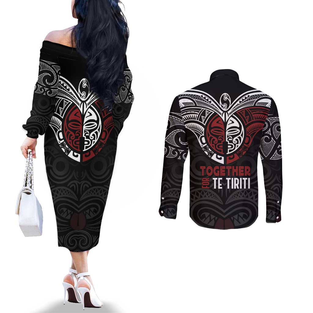 Maori Hongi Toitu Te Tiriti Couples Matching Off The Shoulder Long Sleeve Dress and Long Sleeve Button Shirt Tangata Tiriti Stand With Tangata Whenua LT7 - Polynesian Pride