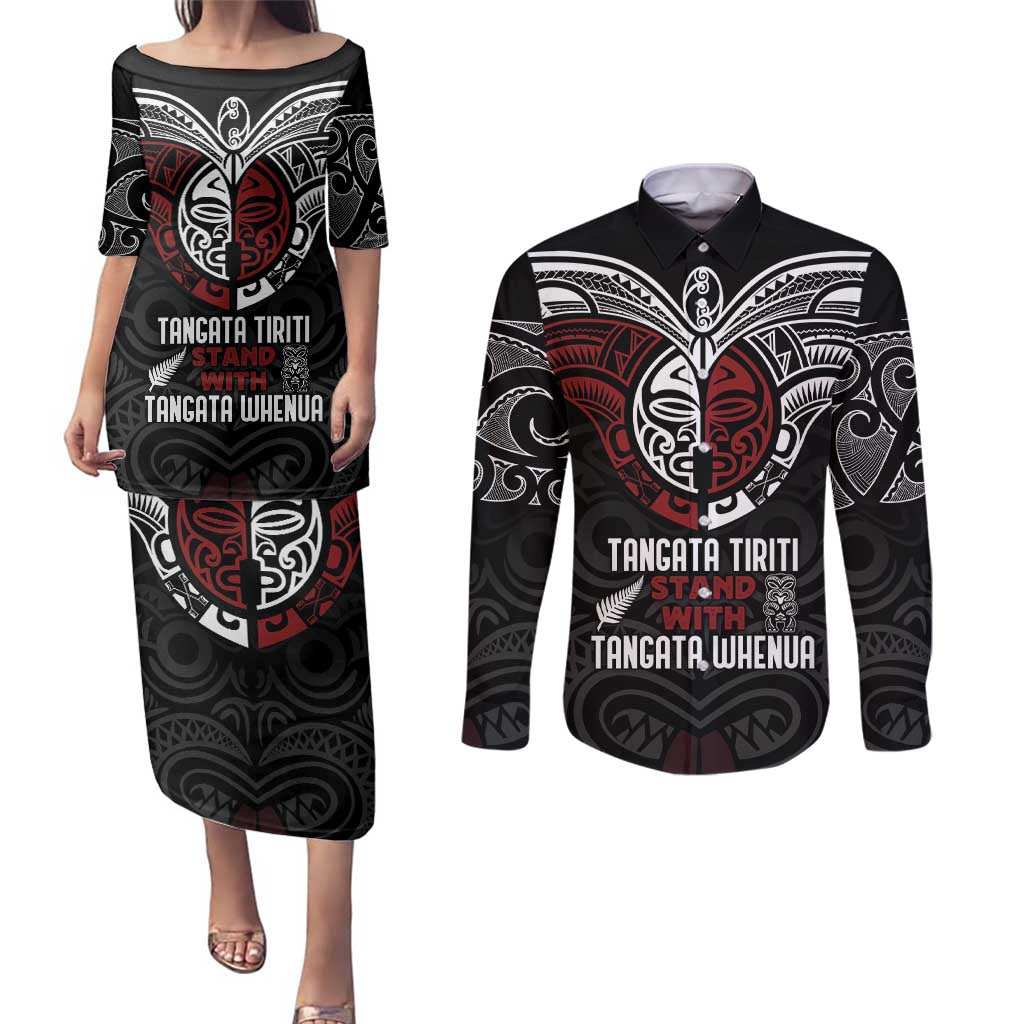 Maori Hongi Toitu Te Tiriti Couples Matching Puletasi and Long Sleeve Button Shirt Tangata Tiriti Stand With Tangata Whenua LT7 Black - Polynesian Pride