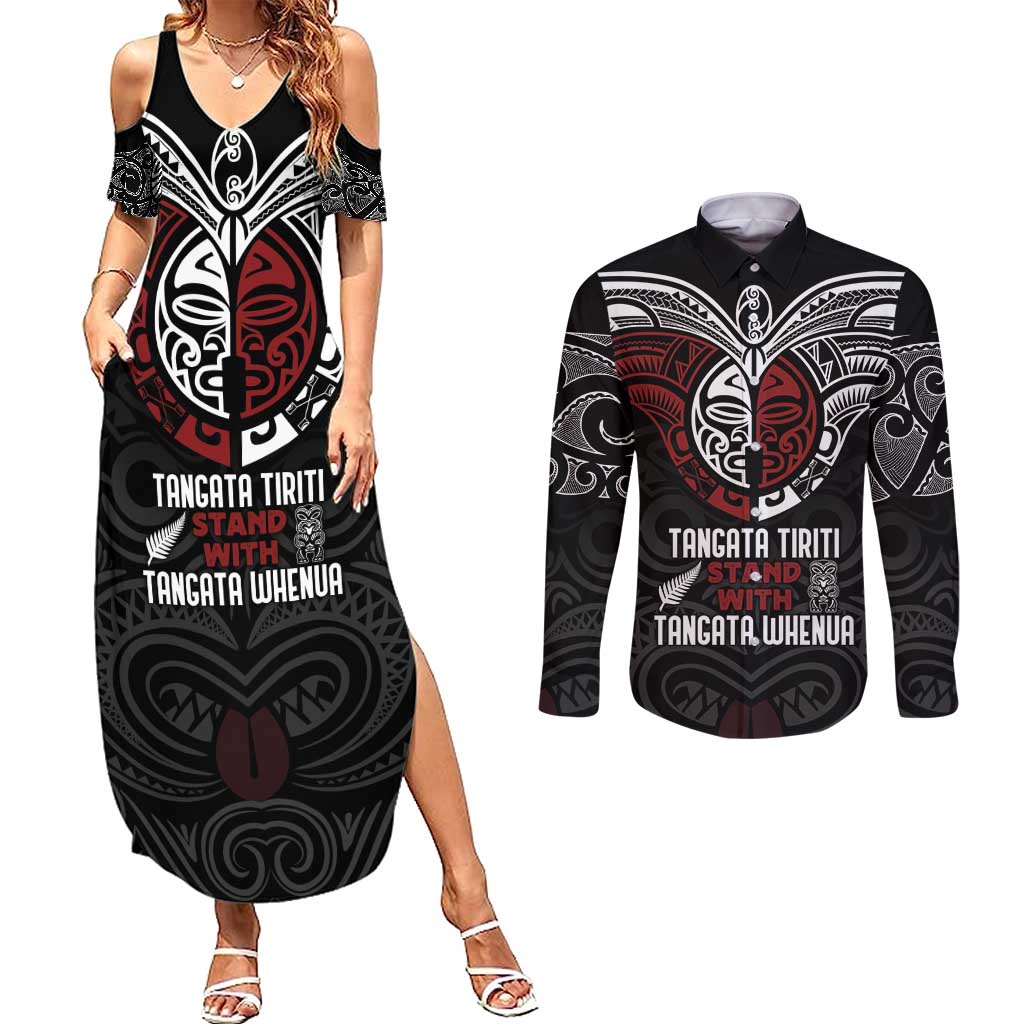 Maori Hongi Toitu Te Tiriti Couples Matching Summer Maxi Dress and Long Sleeve Button Shirt Tangata Tiriti Stand With Tangata Whenua LT7 Black - Polynesian Pride