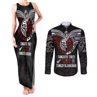 Maori Hongi Toitu Te Tiriti Couples Matching Tank Maxi Dress and Long Sleeve Button Shirt Tangata Tiriti Stand With Tangata Whenua LT7 Black - Polynesian Pride