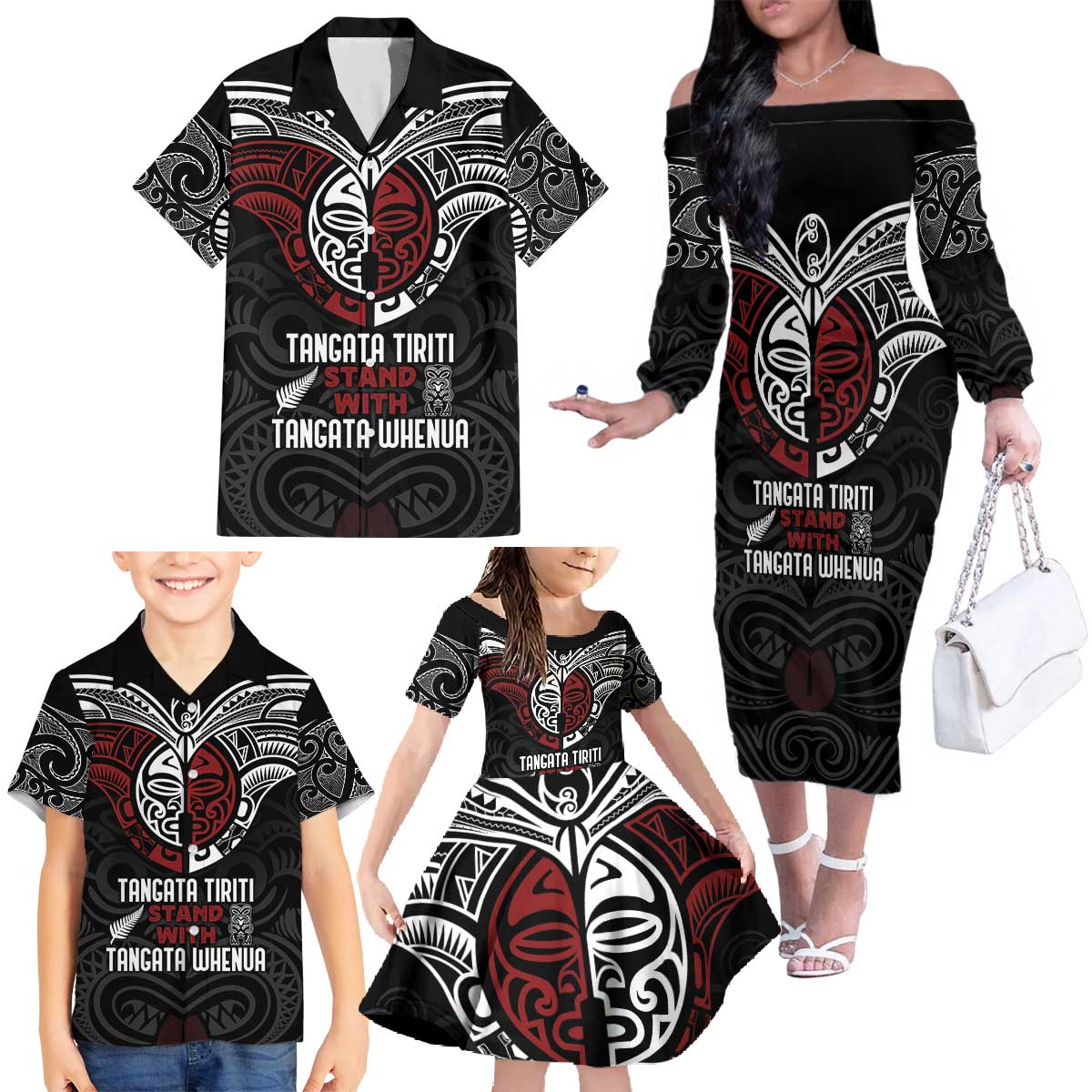 Maori Hongi Toitu Te Tiriti Family Matching Off The Shoulder Long Sleeve Dress and Hawaiian Shirt Tangata Tiriti Stand With Tangata Whenua LT7 - Polynesian Pride
