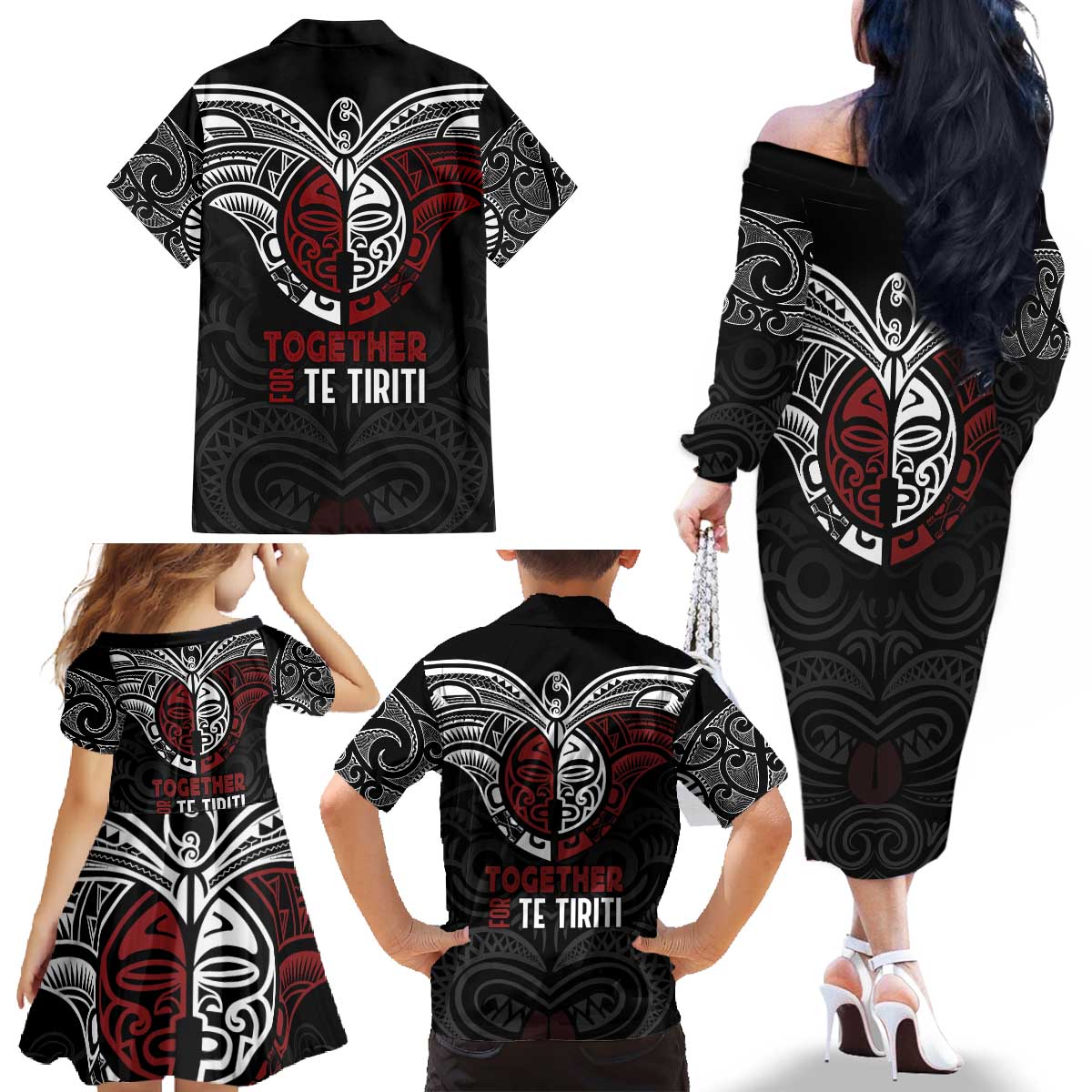 Maori Hongi Toitu Te Tiriti Family Matching Off The Shoulder Long Sleeve Dress and Hawaiian Shirt Tangata Tiriti Stand With Tangata Whenua LT7 - Polynesian Pride