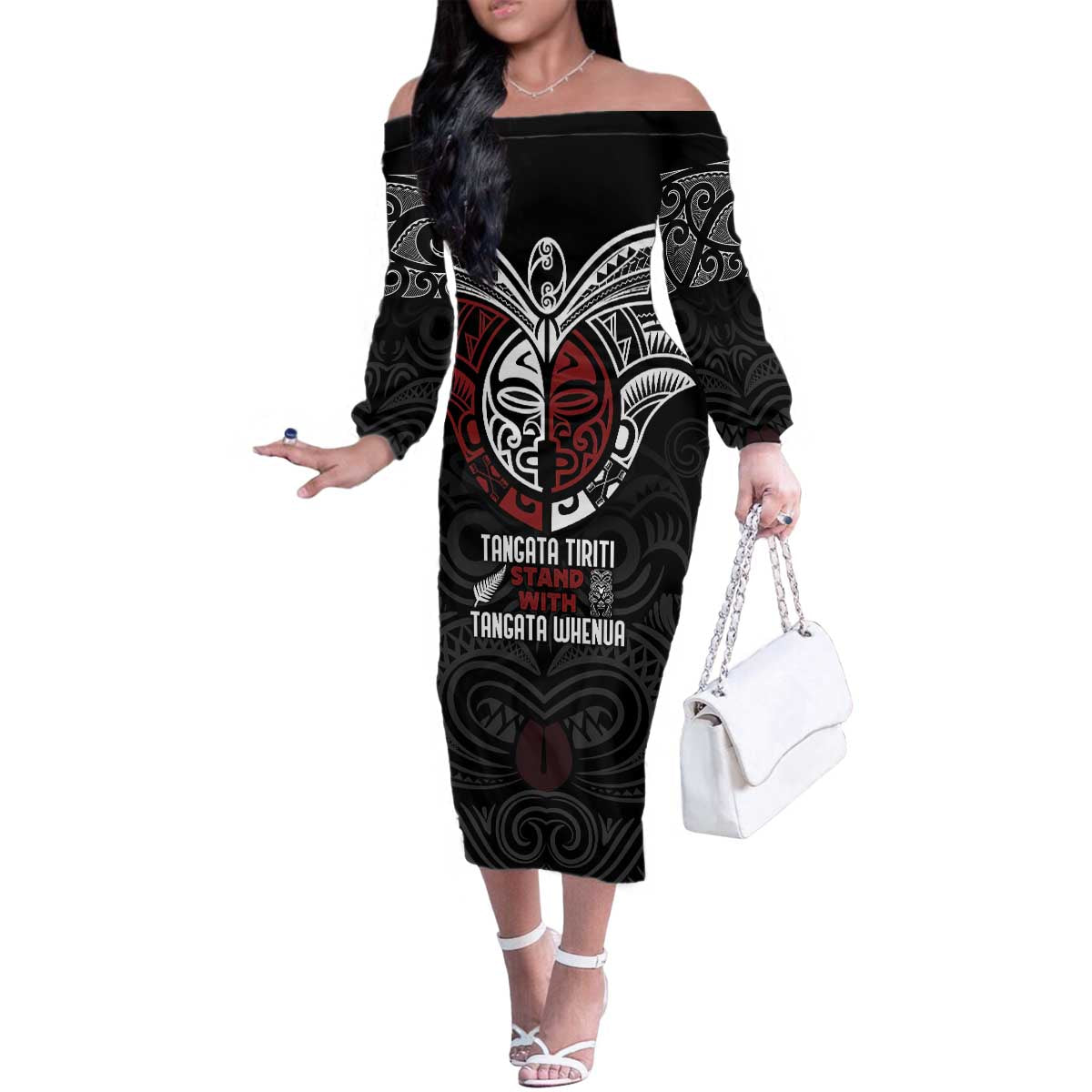 Maori Hongi Toitu Te Tiriti Family Matching Off The Shoulder Long Sleeve Dress and Hawaiian Shirt Tangata Tiriti Stand With Tangata Whenua LT7 Mom's Dress Black - Polynesian Pride