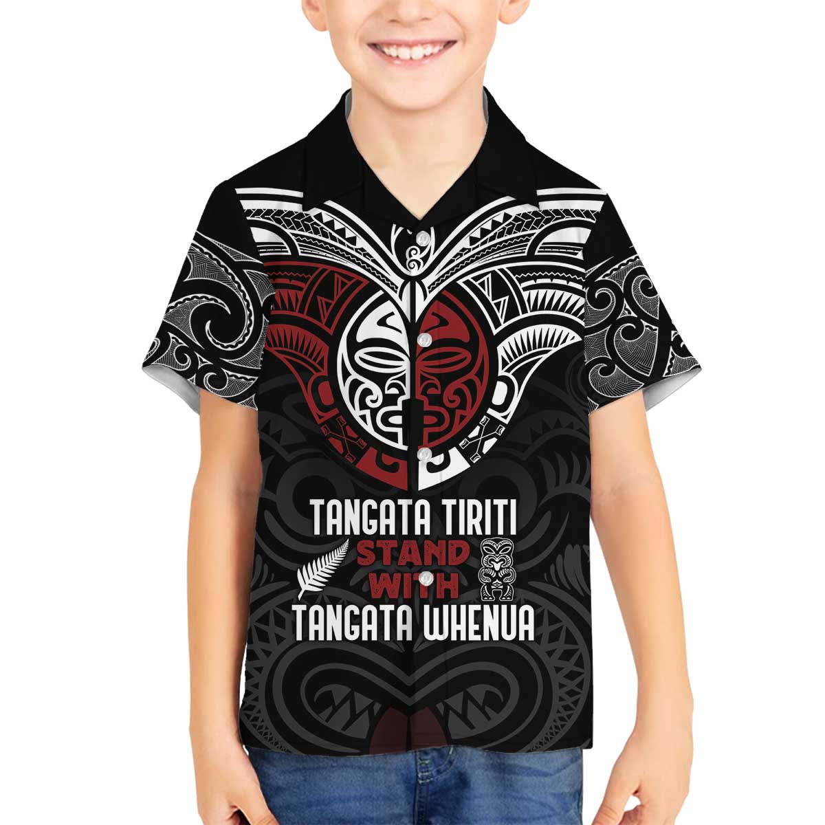 Maori Hongi Toitu Te Tiriti Family Matching Off The Shoulder Long Sleeve Dress and Hawaiian Shirt Tangata Tiriti Stand With Tangata Whenua LT7 Son's Shirt Black - Polynesian Pride