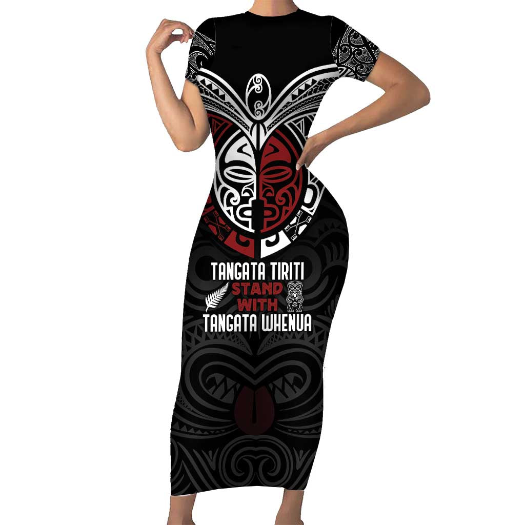 Maori Hongi Toitu Te Tiriti Family Matching Short Sleeve Bodycon Dress and Hawaiian Shirt Tangata Tiriti Stand With Tangata Whenua LT7 Mom's Dress Black - Polynesian Pride