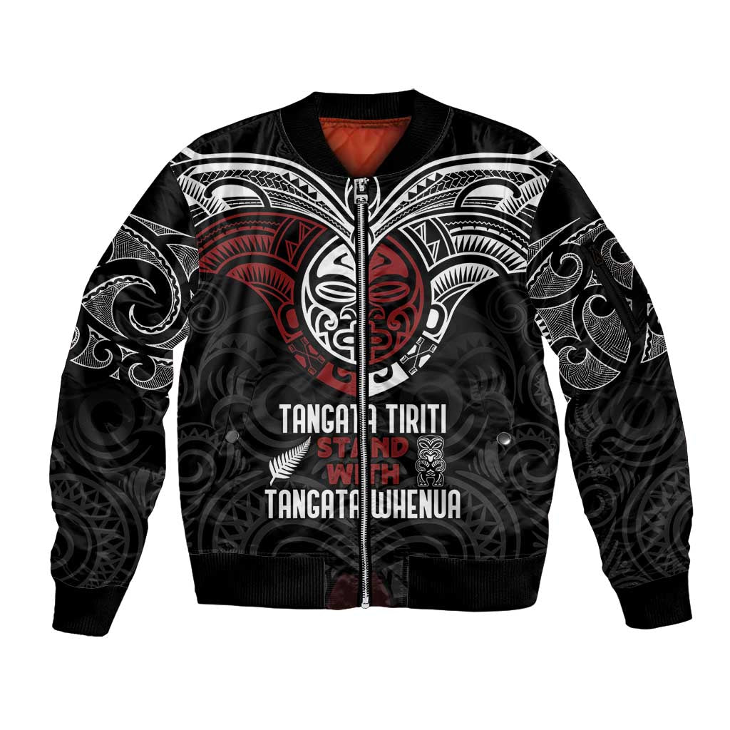 Maori Hongi Toitu Te Tiriti Sleeve Zip Bomber Jacket Tangata Tiriti Stand With Tangata Whenua LT7 Unisex Black - Polynesian Pride