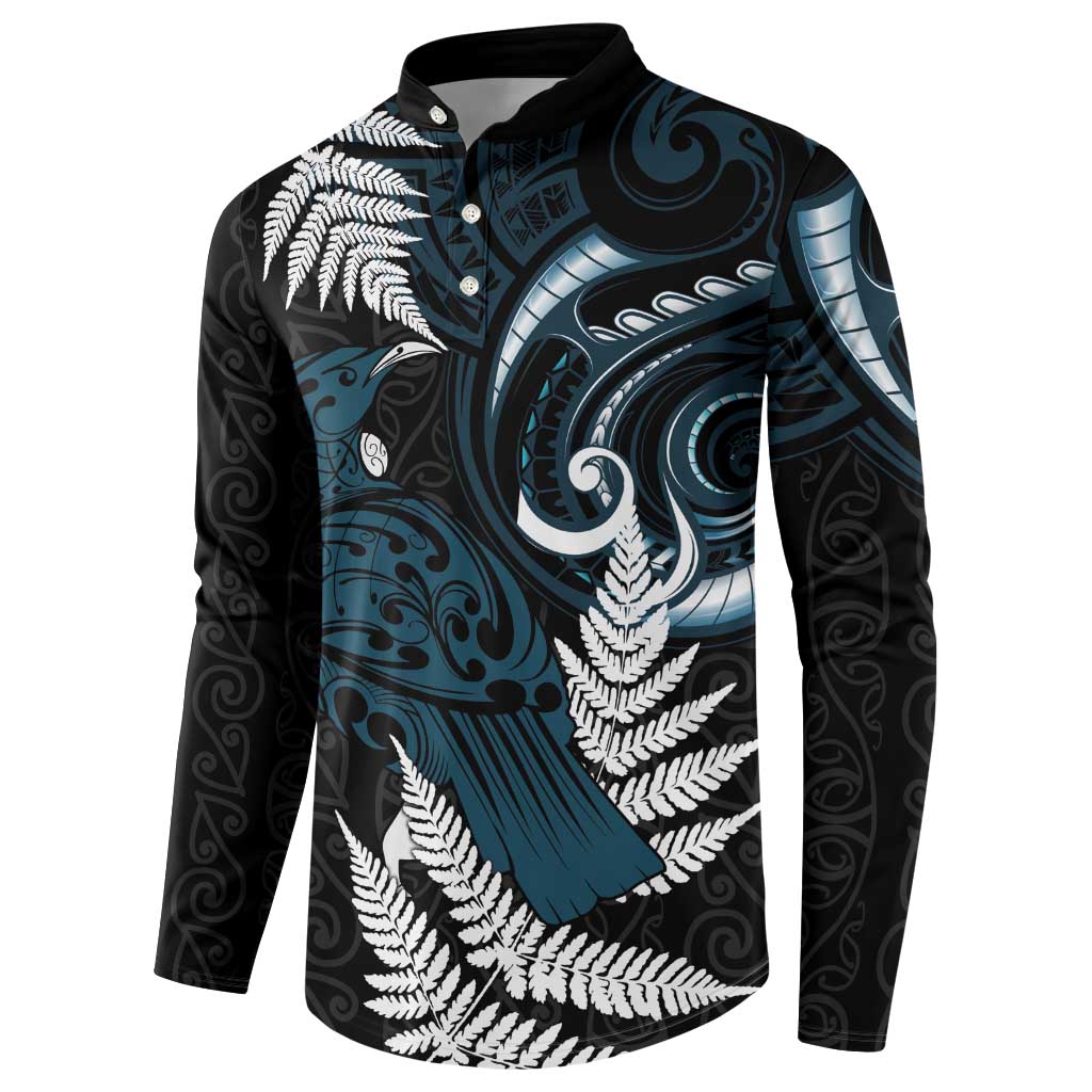 New Zealand Tui Bird Button Sweatshirt Maori Kowhaiwhai