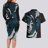 New Zealand Tui Bird Couples Matching Long Sleeve Bodycon Dress and Hawaiian Shirt Maori Kowhaiwhai LT7 - Polynesian Pride