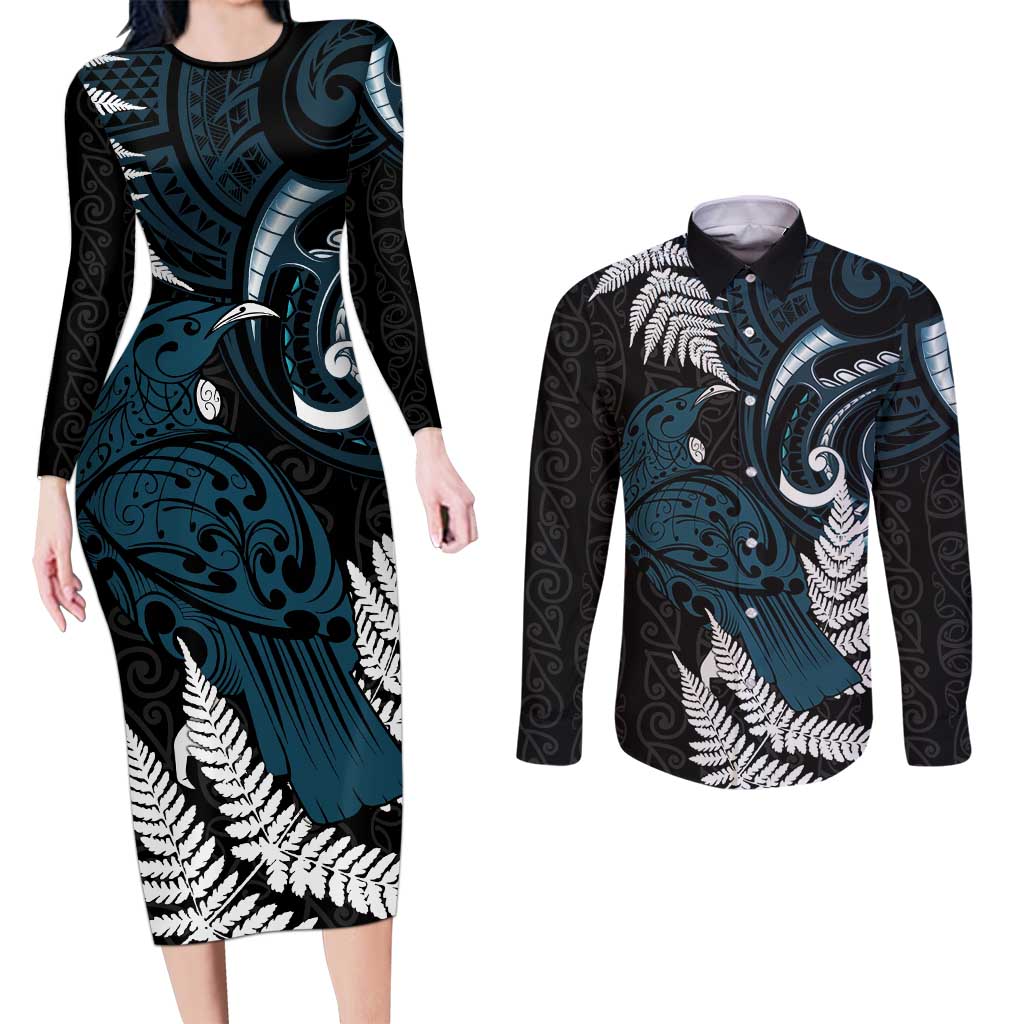 New Zealand Tui Bird Couples Matching Long Sleeve Bodycon Dress and Long Sleeve Button Shirt Maori Kowhaiwhai LT7 Teal - Polynesian Pride