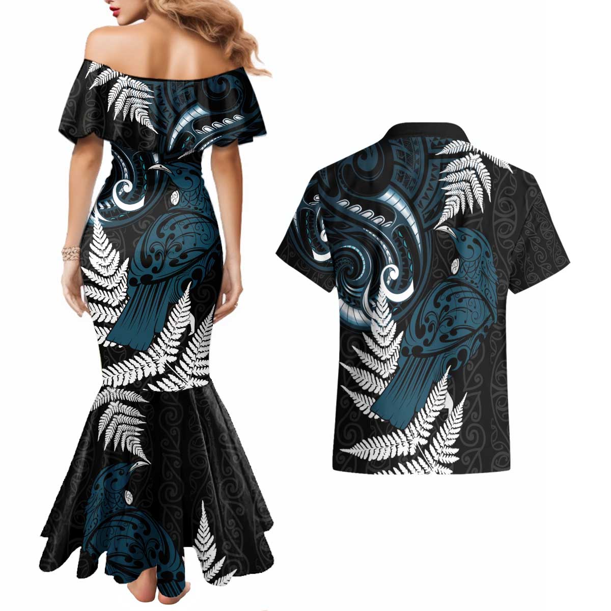 New Zealand Tui Bird Couples Matching Mermaid Dress and Hawaiian Shirt Maori Kowhaiwhai LT7 - Polynesian Pride