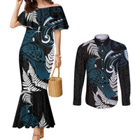 New Zealand Tui Bird Couples Matching Mermaid Dress and Long Sleeve Button Shirt Maori Kowhaiwhai LT7 Teal - Polynesian Pride