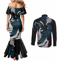 New Zealand Tui Bird Couples Matching Mermaid Dress and Long Sleeve Button Shirt Maori Kowhaiwhai LT7 - Polynesian Pride